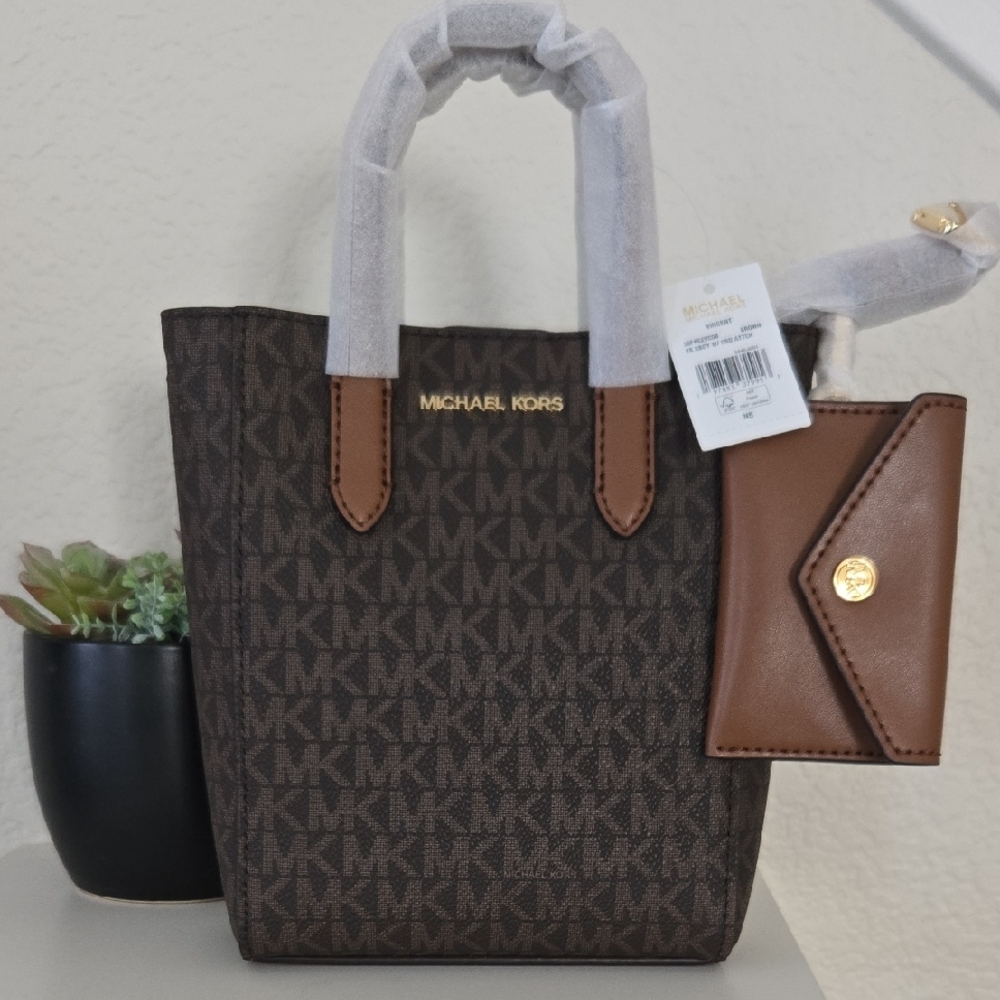 Michael Kors Dark Brown Signature Mini  Tote with Pouch